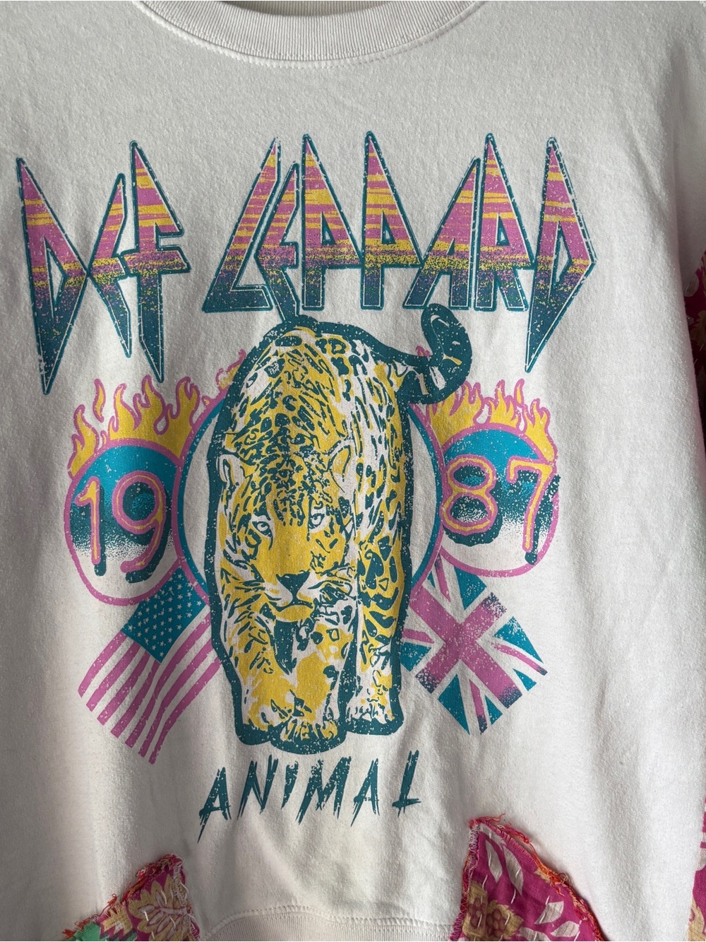 Def Leppard 'Animal' Graphic White Sweatshirt Upcycled with Kantha Sleeves